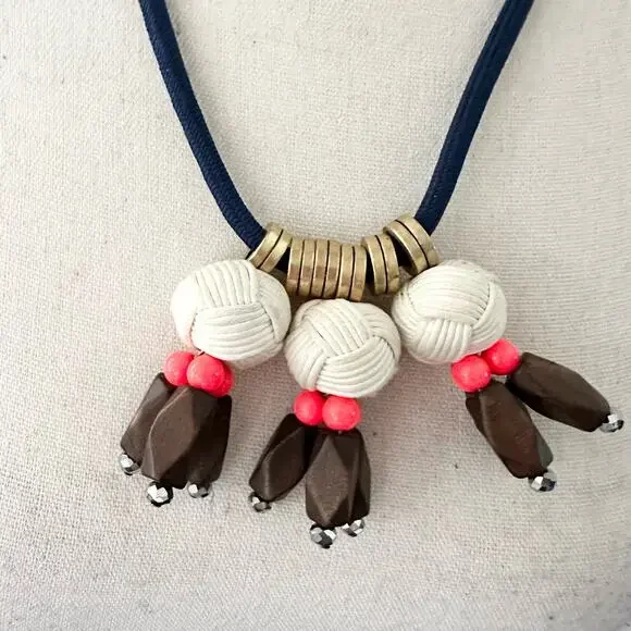 JCrew Nautical Long Cording Rope Ball Wooden Bead Statement Beach Boho Necklace - Picture 2 of 6